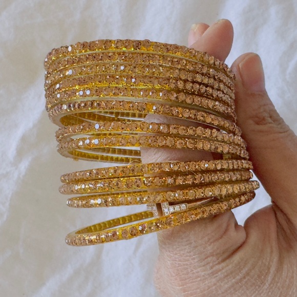 Brand new Indian Pakistani festive glass with rhinestone Gold Bangle Set